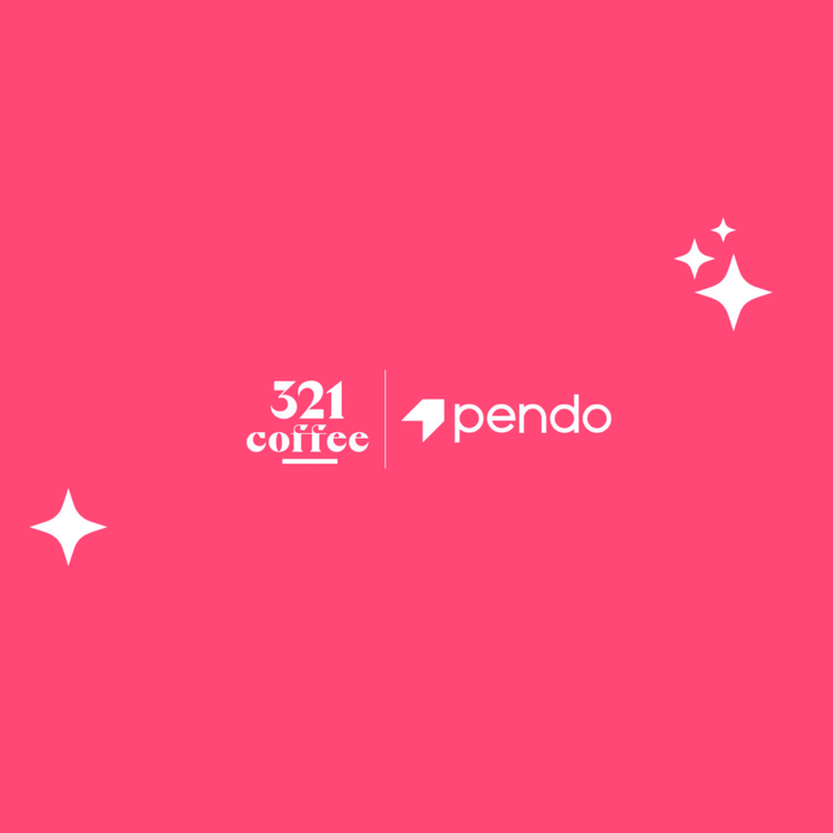 321 Coffee and Pendo's logos in white on a pink background.