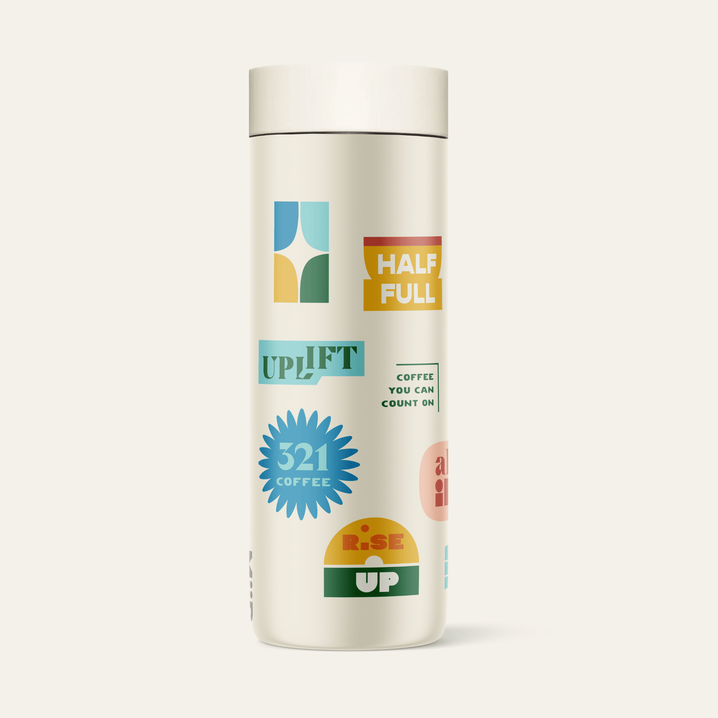 The left side view of 321 Coffee's tumbler. The tumbler is beige and contains elements of 321 Coffee branding, such as sayings like "Rise Up" and "Love Big". The branding is very colorful.