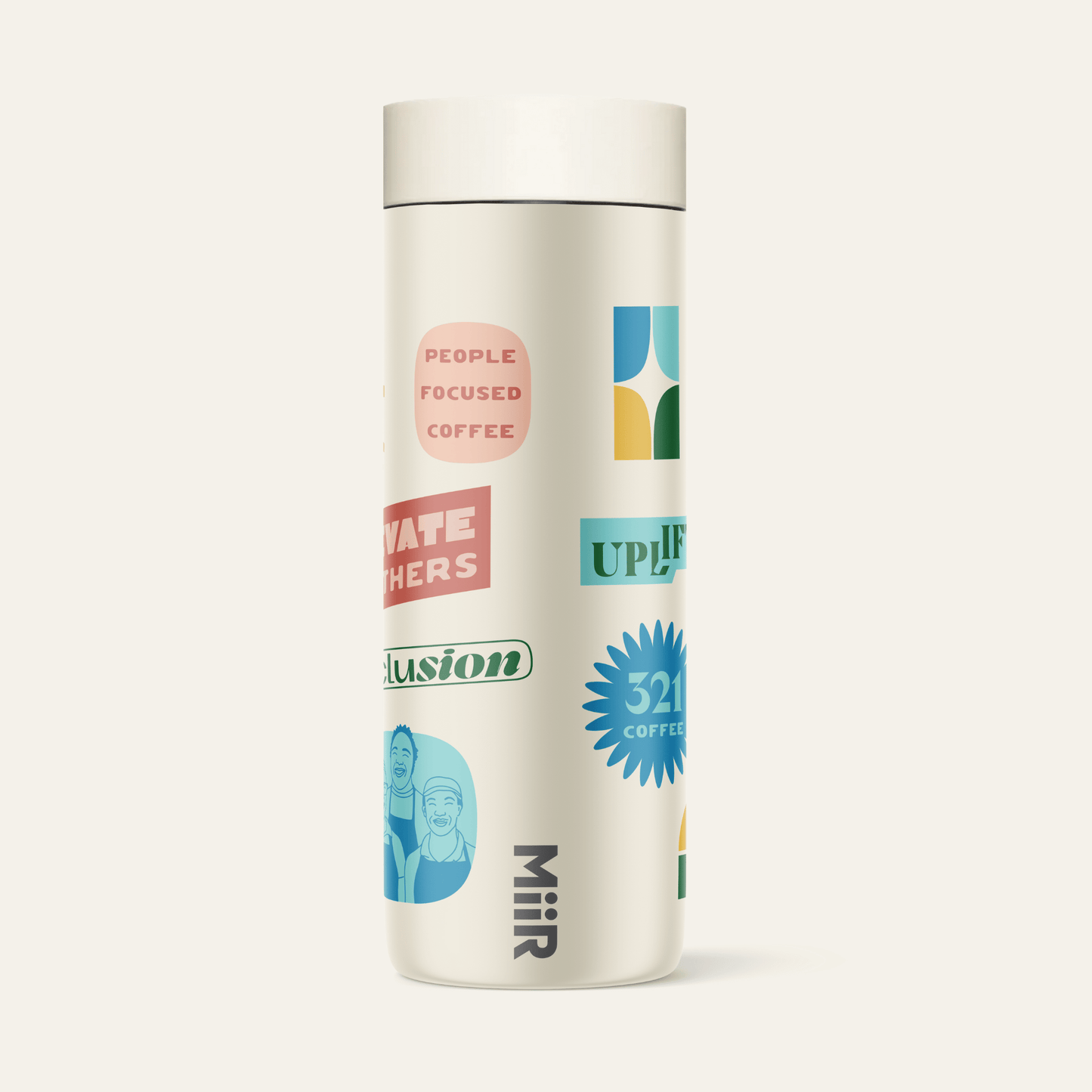 The right side view of 321 Coffee's tumbler. The tumbler is beige and contains elements of 321 Coffee branding, such as sayings like "Rise Up" and "Love Big". The branding is very colorful.