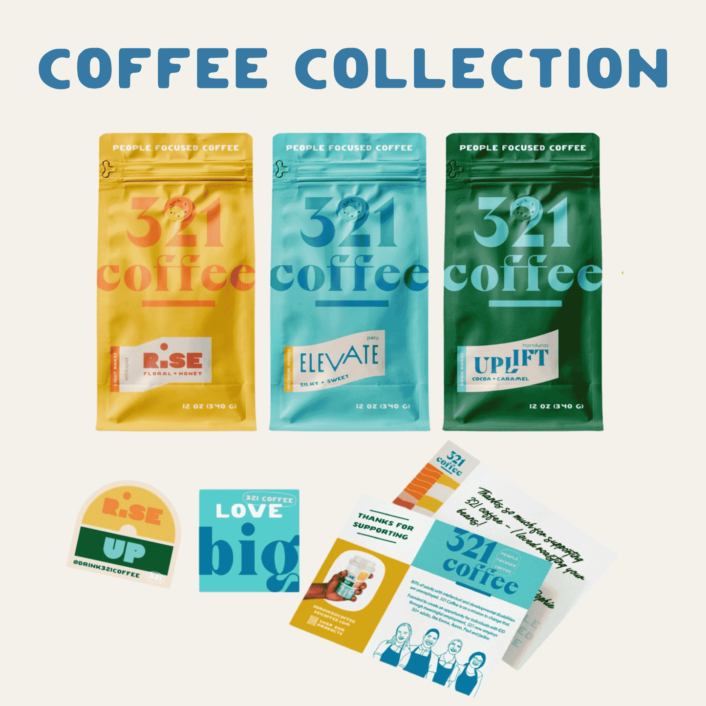 An overview of the Coffee Collection gift box showing three bags of coffee, two stickers, and a hand-written note.