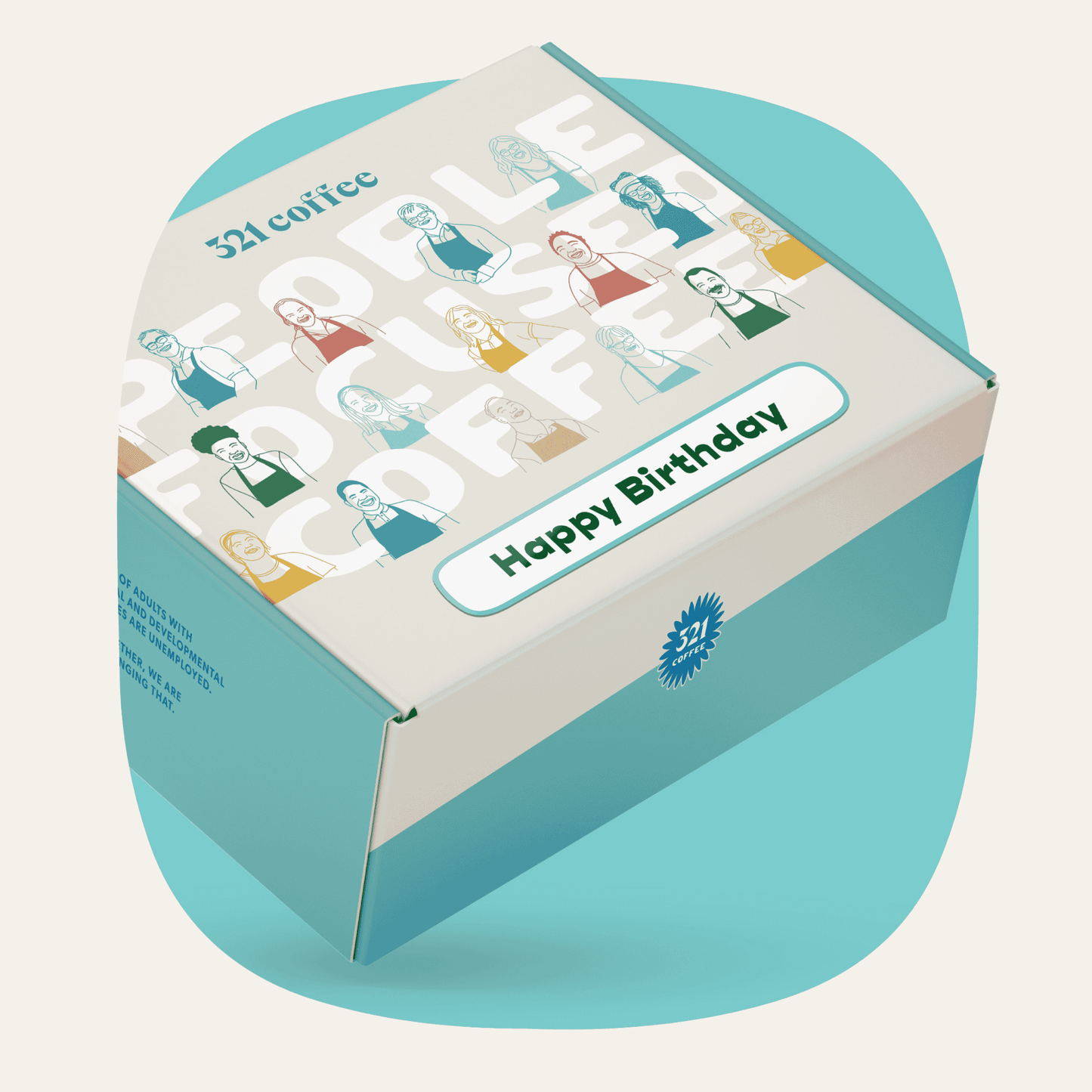 A gift box with colorful sketches of 321 Coffee baristas, "321 Coffee" written on the top, and "Happy Birthday" written on the bottom of the box.