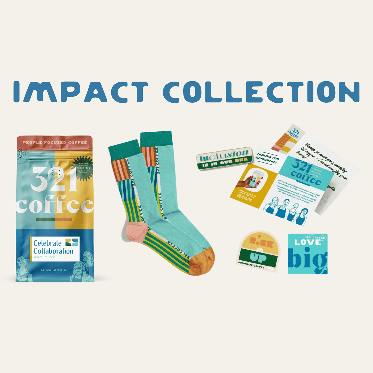 An overview of the Impact Collection gift box showing a bag of 321 Coffee, a pair of socks, a pin, stickers, and a hand-written note.