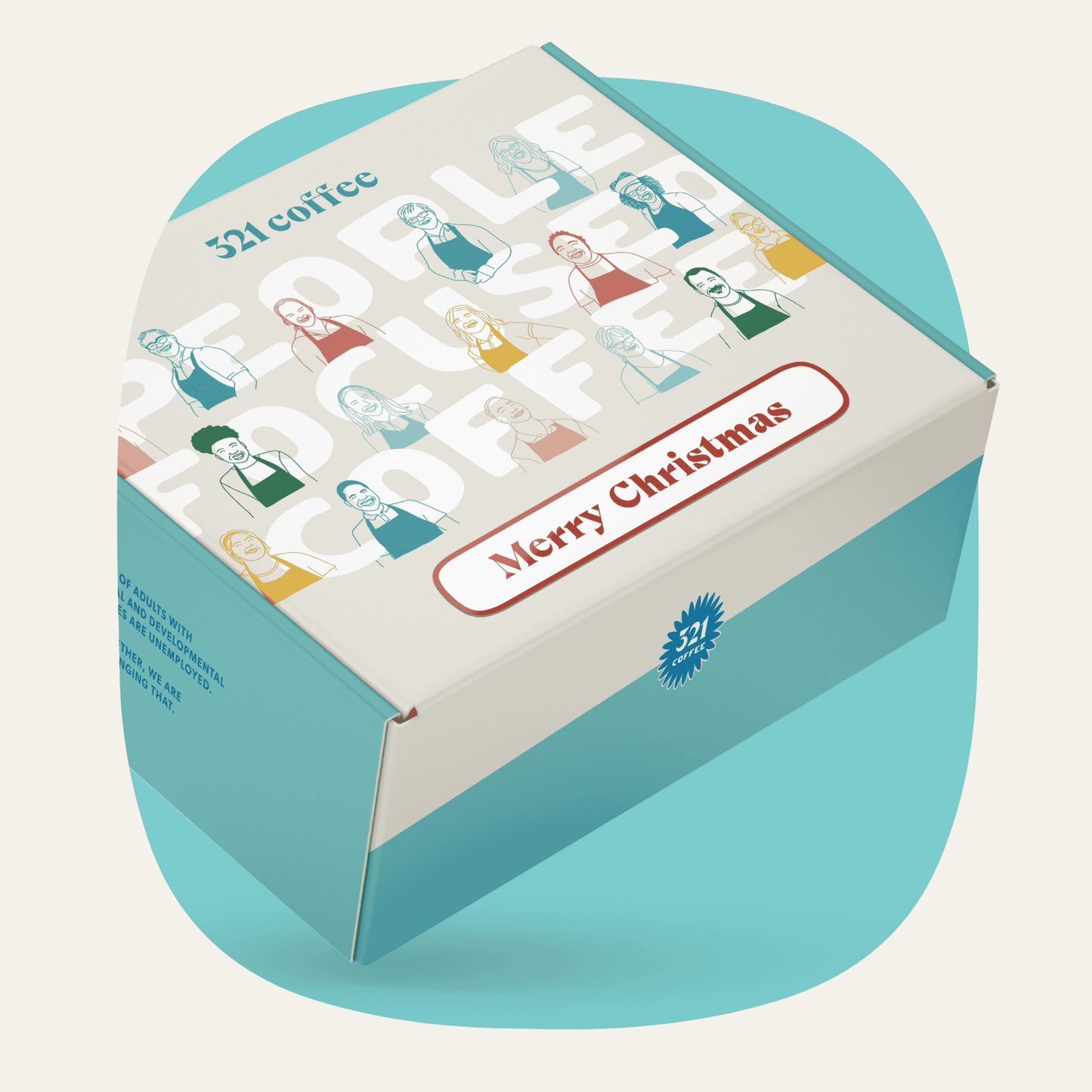 A gift box with colorful sketches of 321 Coffee baristas, "321 Coffee" written on the top, and "Merry Christmas" written on the bottom of the box.
