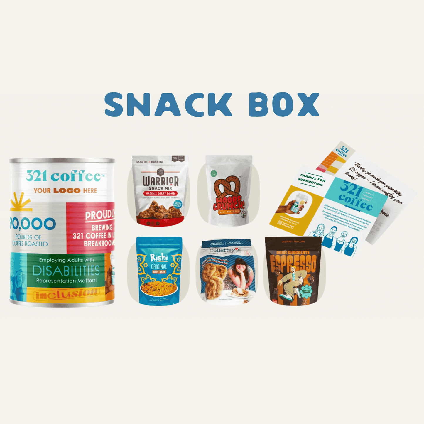 An overview of the Snack Box gift box showing the 321 Coffee 2024 Impact Can of coffee, a collection of snacks from companies with a similar mission to 321, and a hand-written note.