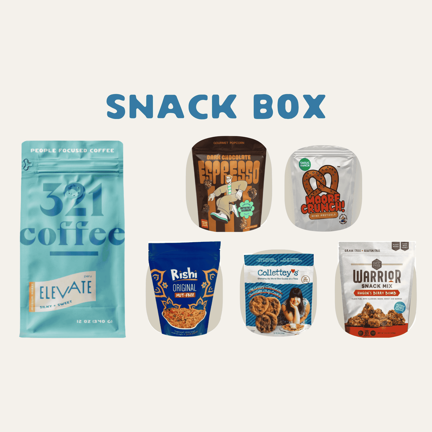 An overview of the Snack Box gift box showing the a bag of coffee and a collection of snacks from companies with a similar mission to 321.