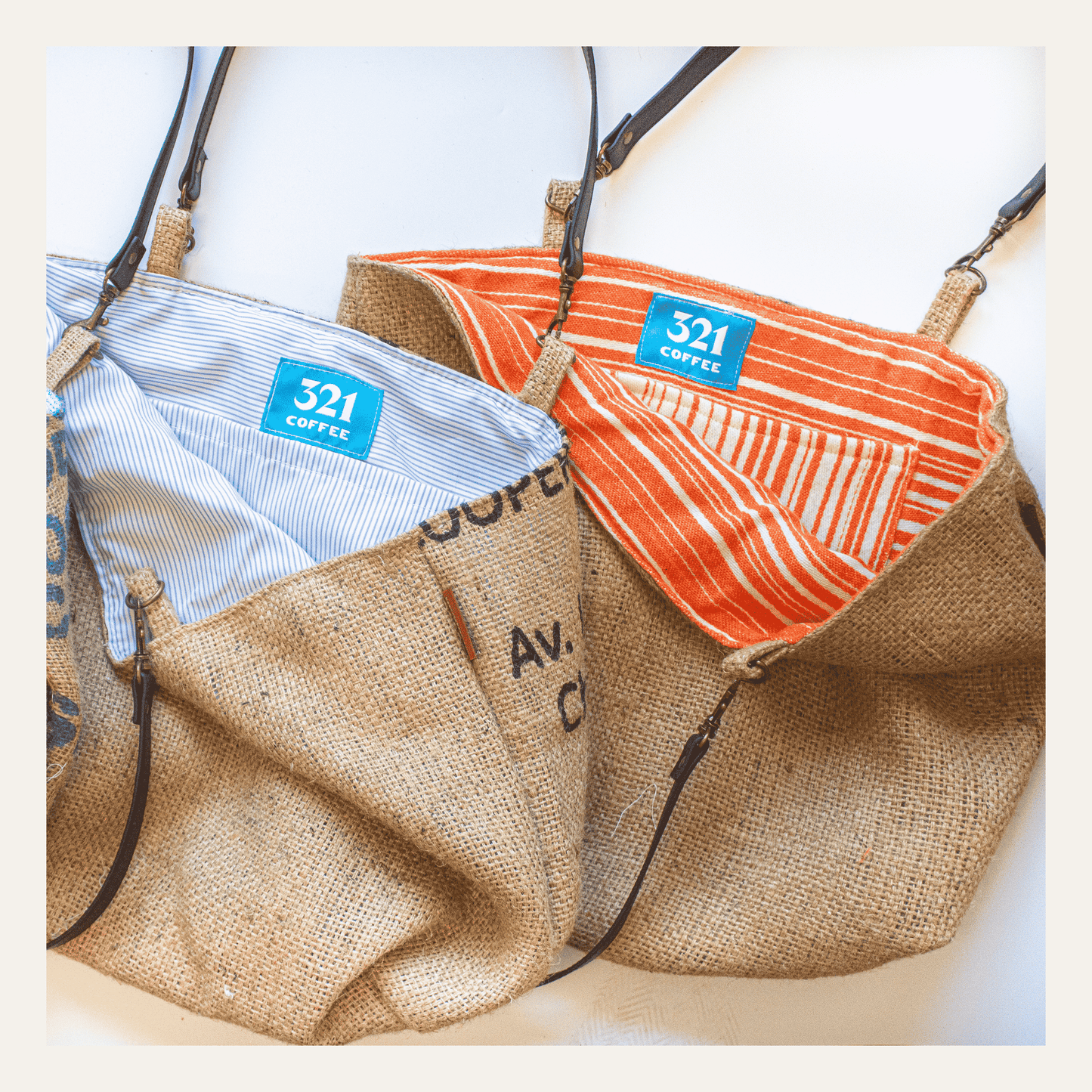 Two tote bags made from upcycled burlap are shown open to display colorful lining on a white background.