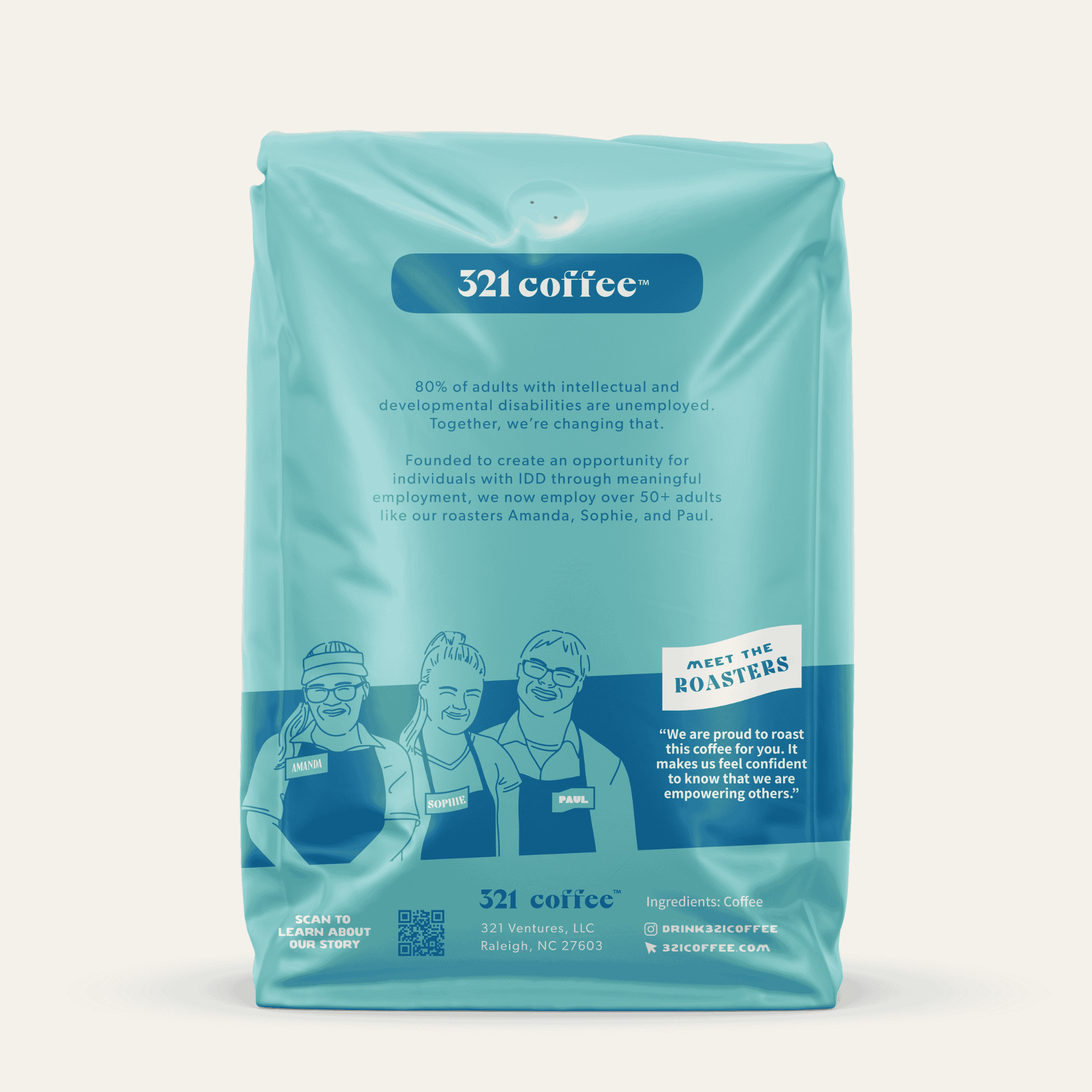 Back view of 321 Coffee’s 5 lb coffee bag. The back of the bag is blue and contains information about the company and a quote from 321 Coffee roasters.