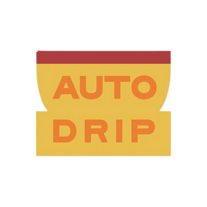 Yellow coffee mug with red stripe at the top labeled 'Auto Drip'