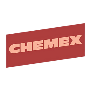 "Chemex" written in pink on a slanted on a red parallelogram.