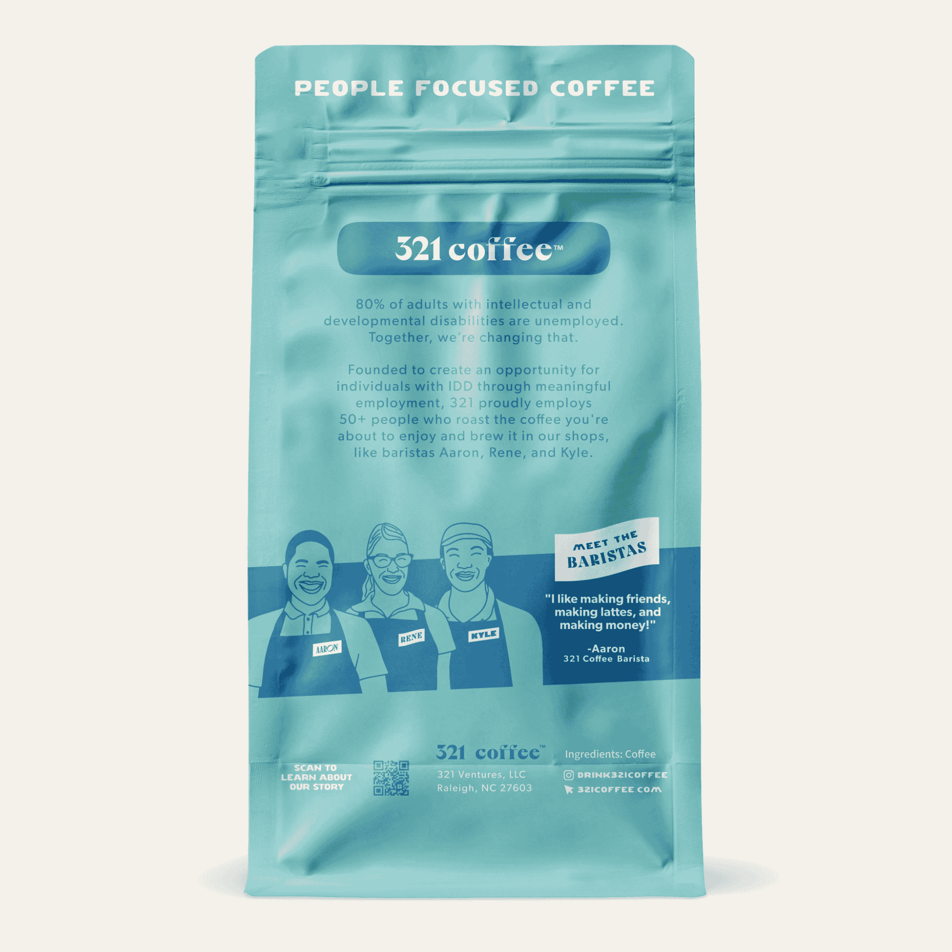 Back view of 321 Coffee’s Elevate coffee bag. The back of the bag is blue and contains information about the company and a quote from 321 Coffee barista, Aaron.