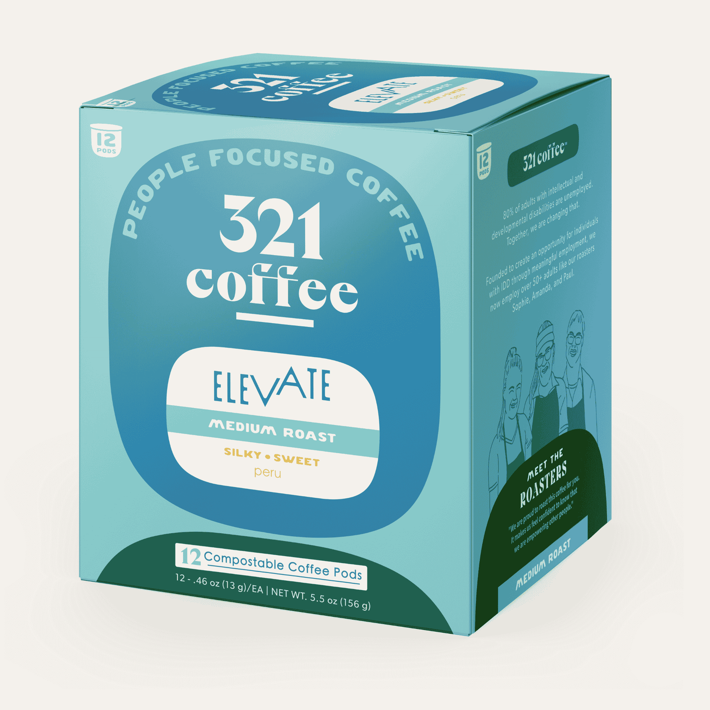 A 3D box of 321 Coffee's Elevate coffee pods. The box is blue with elements of 321 Coffee's branding.