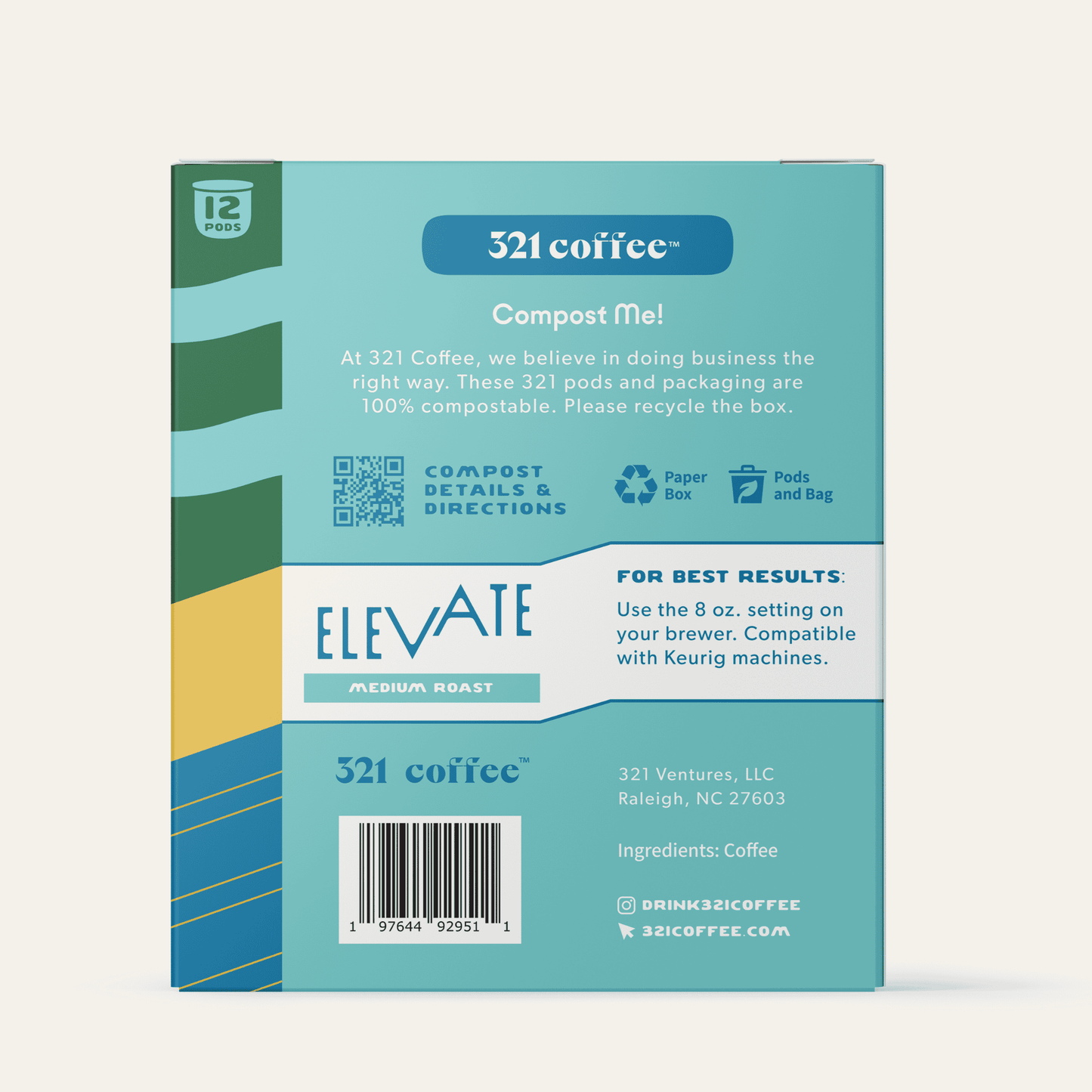 The back view of 321 Coffee's Elevate coffee pods. The back of the box contains information about the coffee pods being compostable.