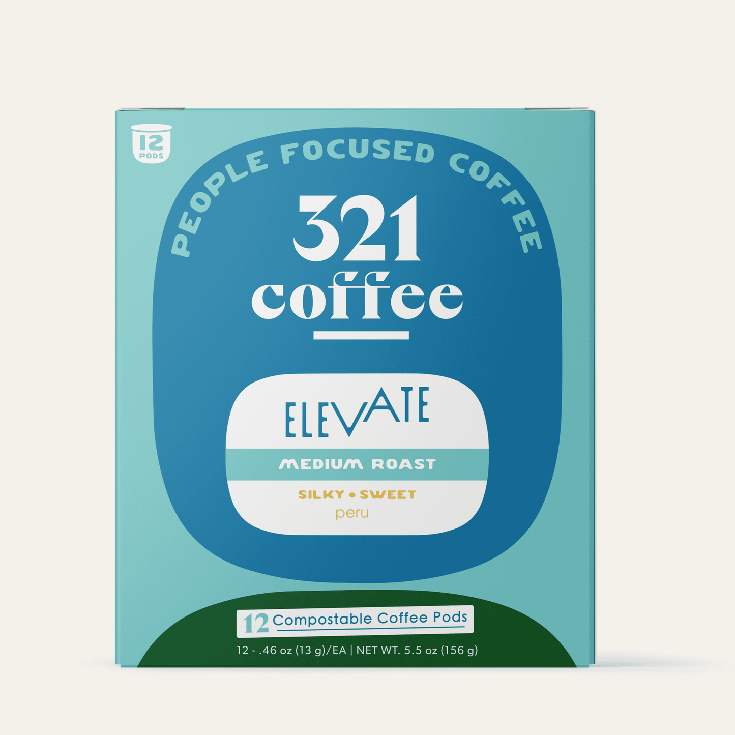 The front view of 321 Coffee's Elevate coffee pods. The front of the box contains information about the coffee.