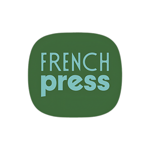 Green oval with 'French Press' text written in teal.