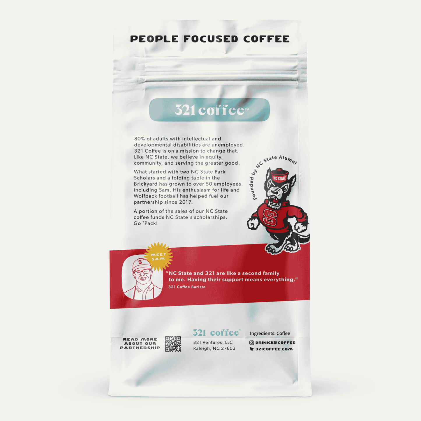 The back of 321 Coffee x NC State coffee bag. The back features a sketch of Sam, a 321 barista, and an image of Tuffy.