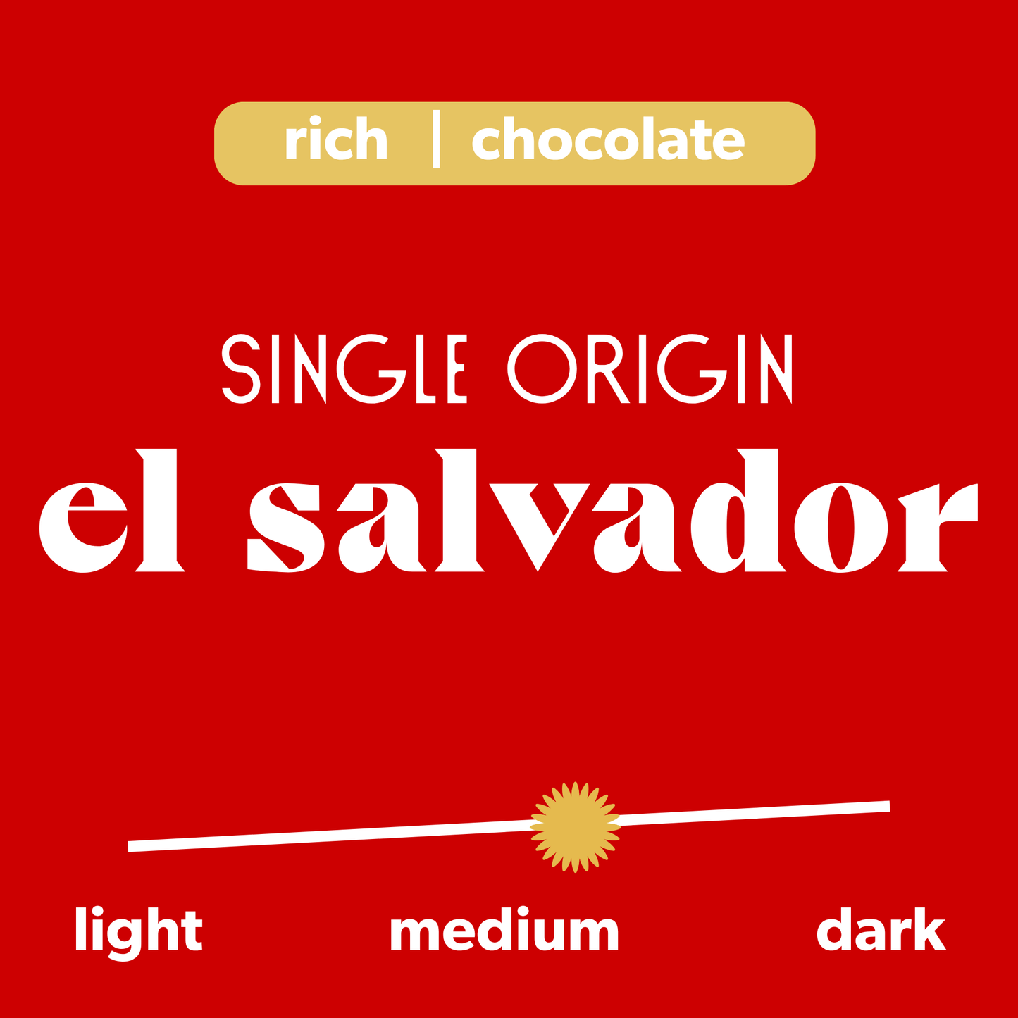 Information about Greater Good. The information shows that this is a single origin from El Salvador with tasting notes of "Rich | Chocolate" and shows the coffee being a medium roast.