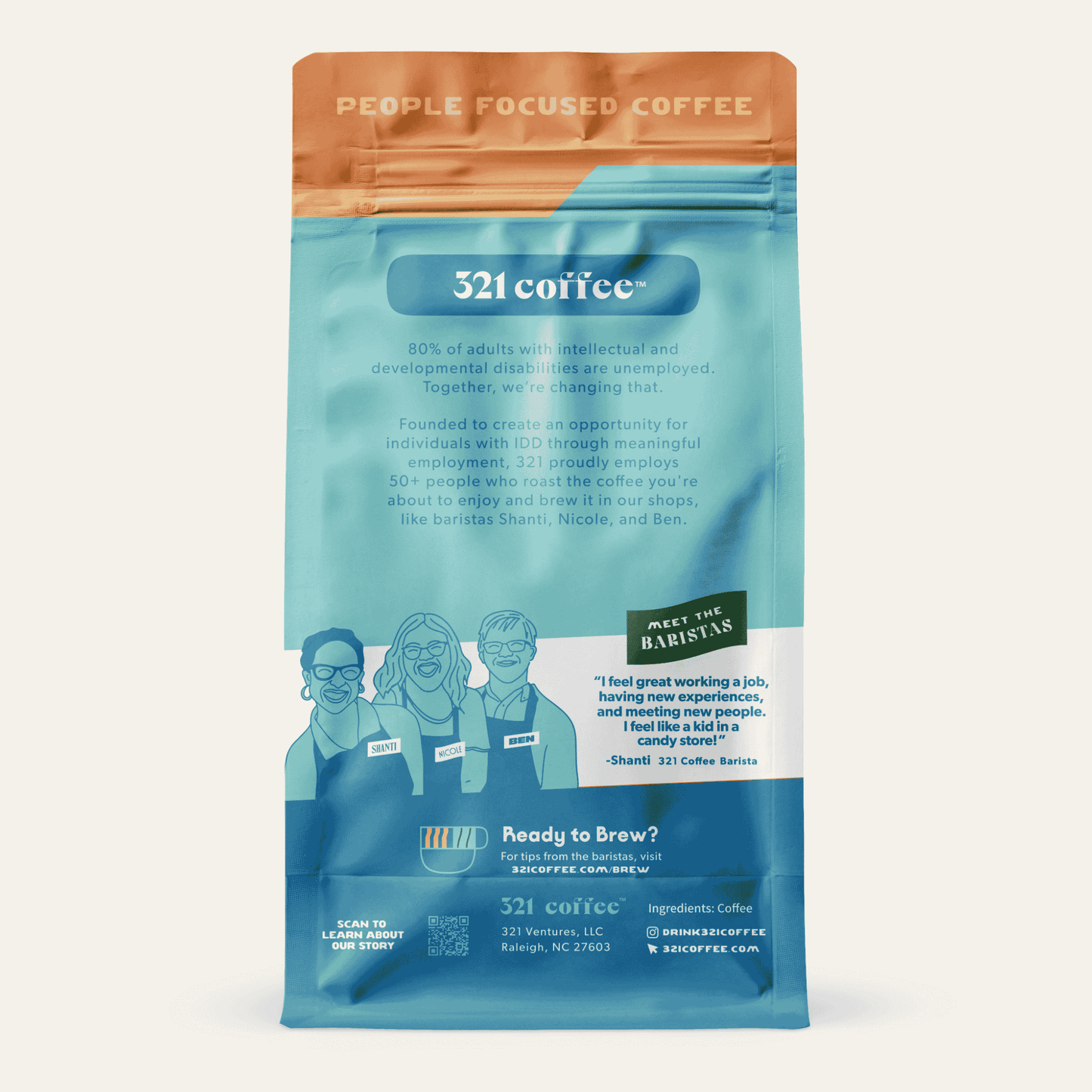 Back view of 321 Coffee’s coffee bag. The back of the bag is blue and contains information about the company. There are sketches of three baristas and a quote from 321 Coffee barista, Shanti.