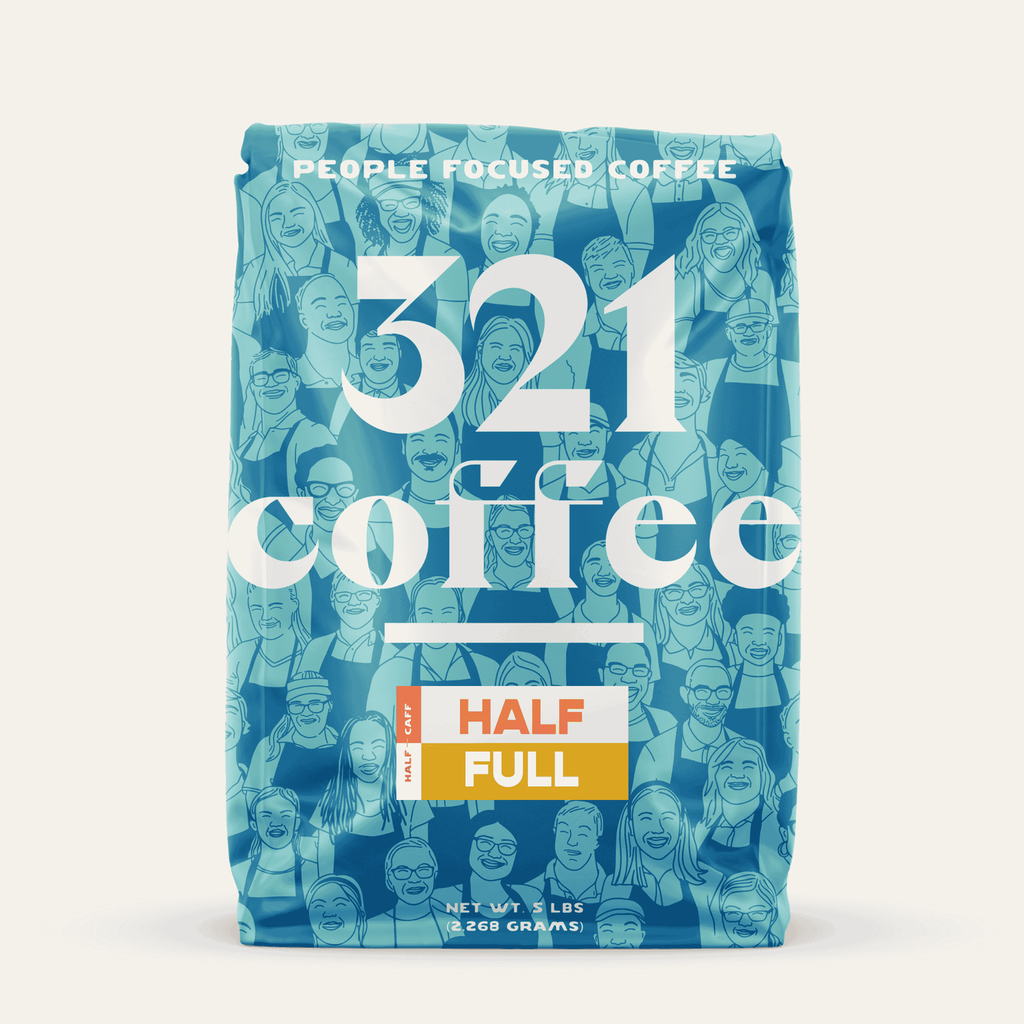 Front view of 321 Coffee's Half Full 5 lb coffee bag. A blue logo reading "321 Coffee" sits on a background of sketches of 321's barista team. The coffee name, Half Full, and information about the beans are shown on a sticker on the bag.