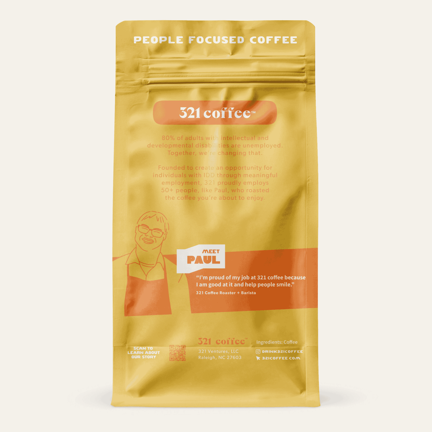 Back view of 321 Coffee’s Rise coffee bag. The back of the bag is yellow and contains information about the company and a quote from 321 Coffee roaster and barista, Paul.