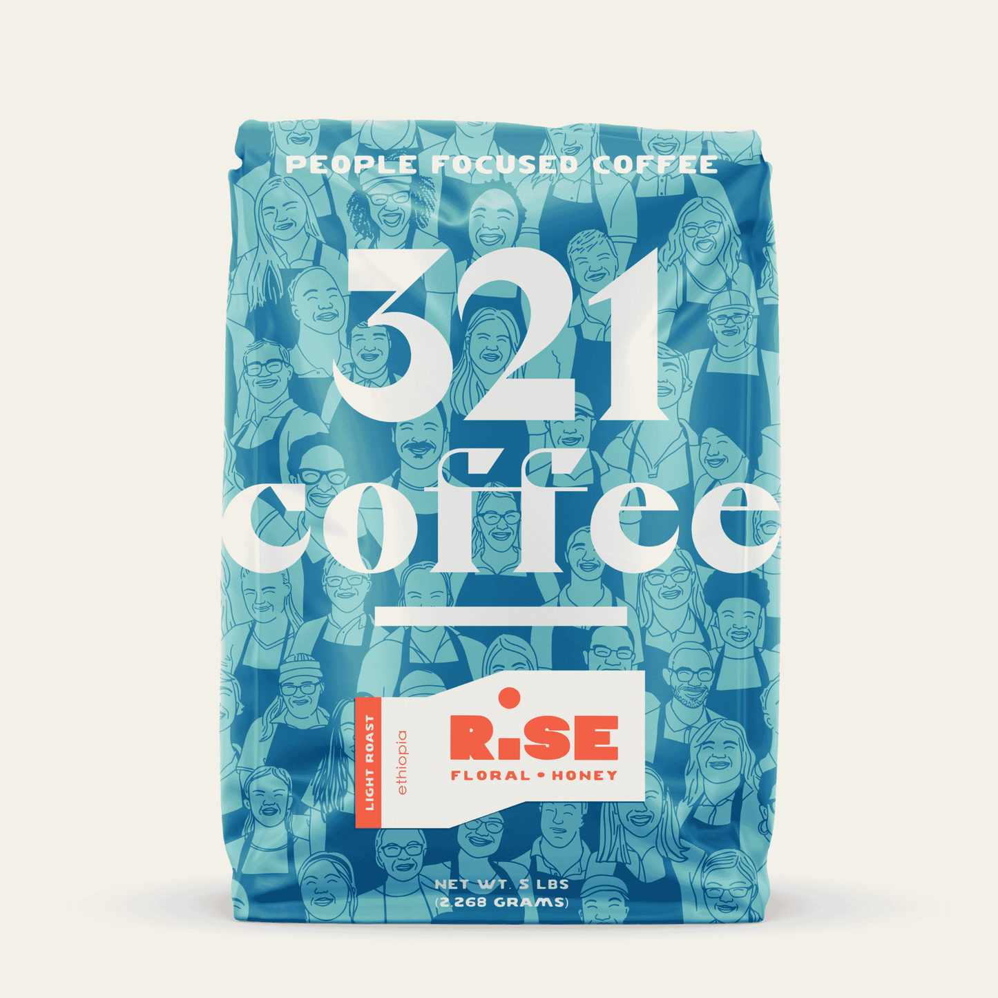 Front view of 321 Coffee's Rise 5 lb coffee bag. A blue logo reading "321 Coffee" sits on a background of sketches of 321's barista team. The coffee name, Rise, and information about the beans are shown on a sticker on the bag.