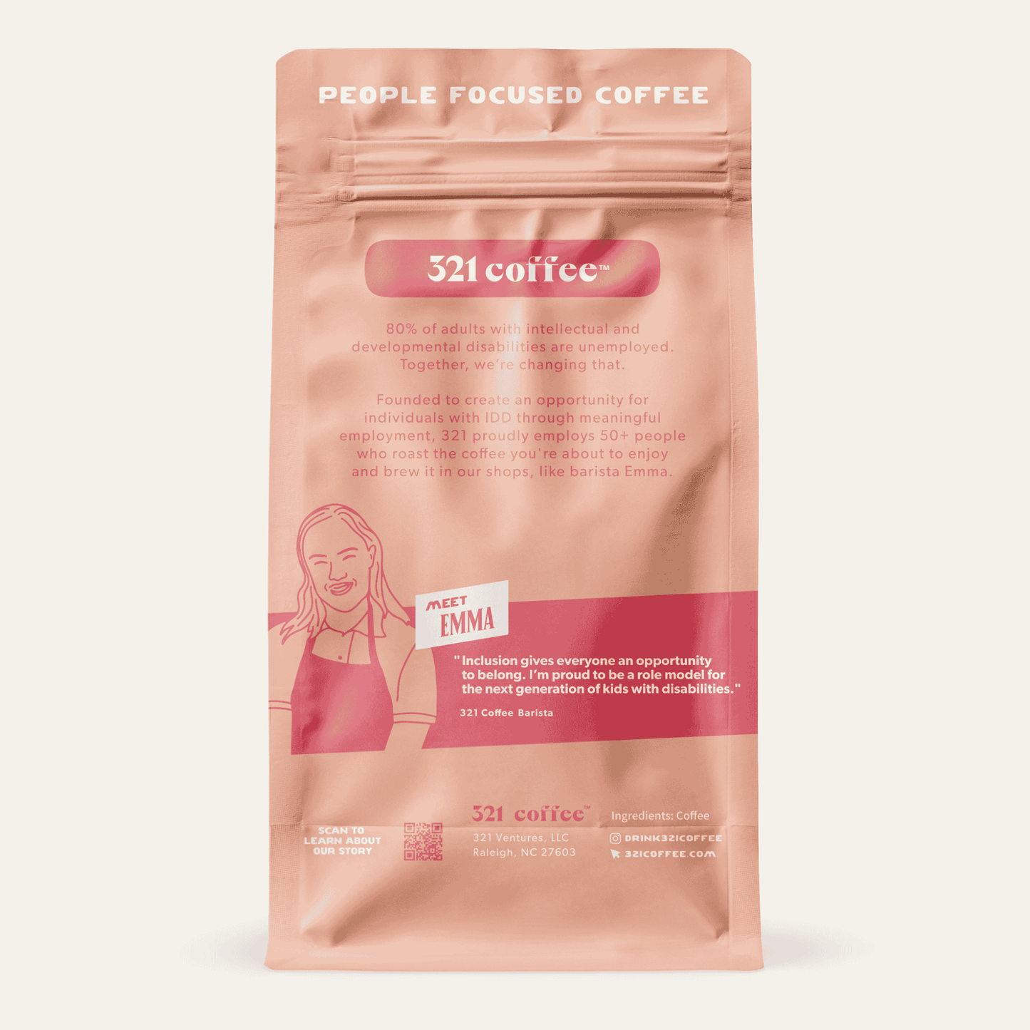 Back view of 321 Coffee’s Stride coffee bag. The back of the bag is pink and contains information about the company and a quote from 321 Coffee barista, Emma.