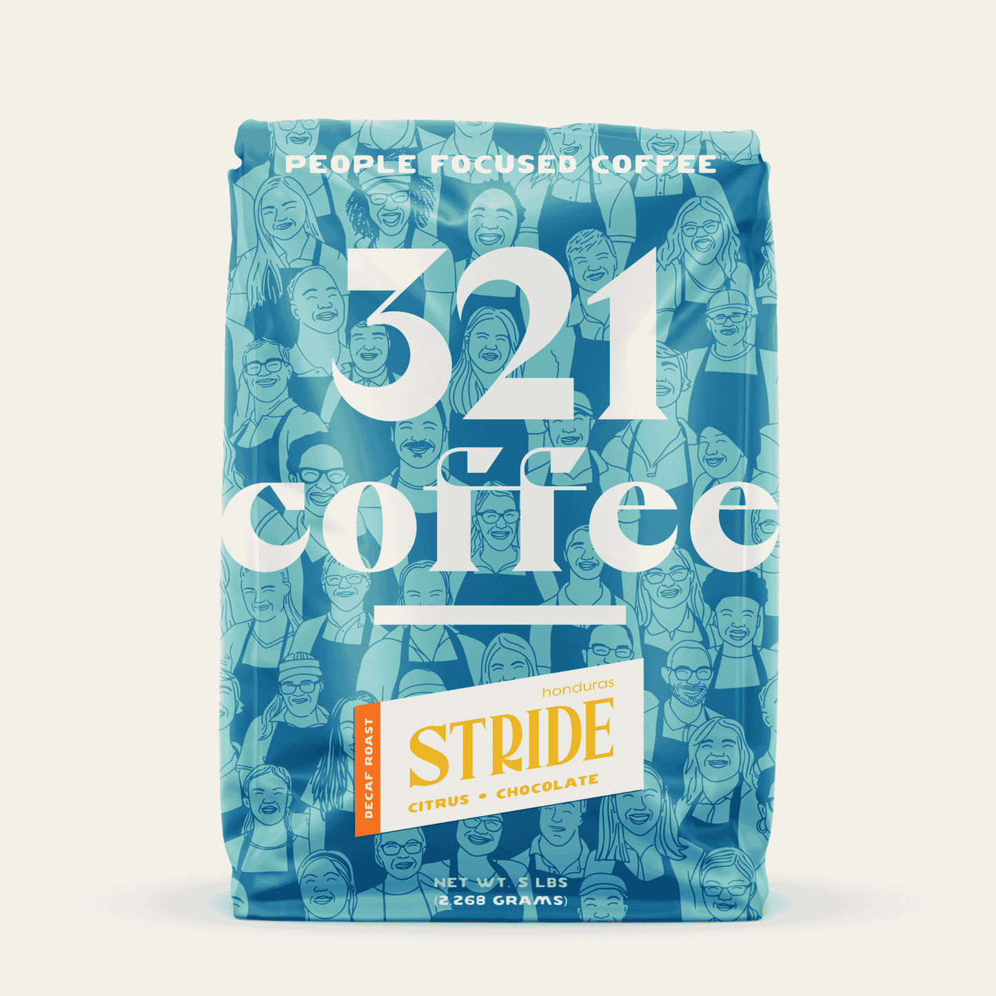Front view of 321 Coffee's Stride 5 lb coffee bag. A blue logo reading "321 Coffee" sits on a background of sketches of 321's barista team. The coffee name, Stride, and information about the beans are shown on a sticker on the bag.