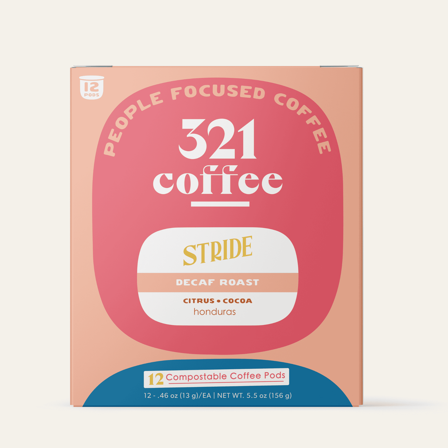 The front view of 321 Coffee's Stride coffee pods. The front of the box contains information about the coffee.