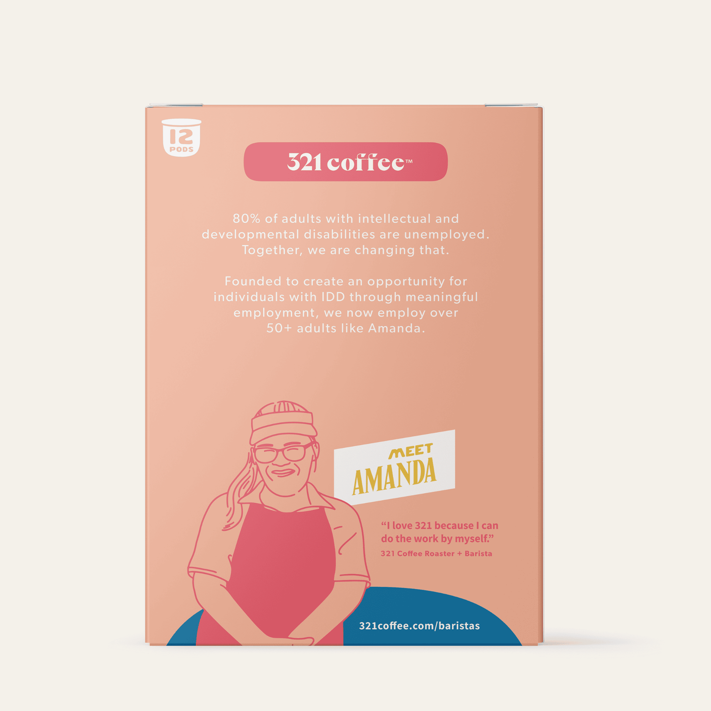 The side view of 321 Coffee's Stride coffee pods. The side of the box contains information about 321 Coffee's roaster, Amanda.