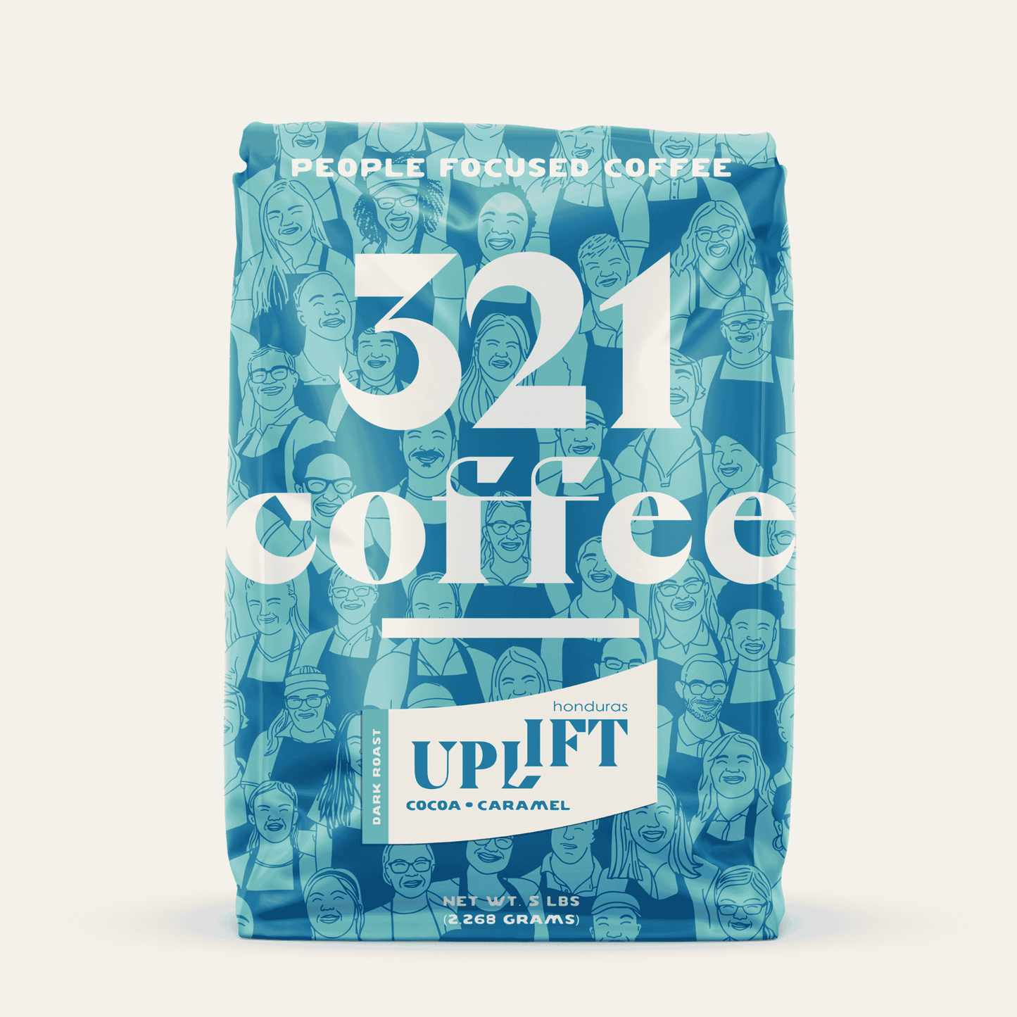 Front view of 321 Coffee's Uplift 5 lb coffee bag. A blue logo reading "321 Coffee" sits on a background of sketches of 321's barista team. The coffee name, Uplift, and information about the beans are shown on a sticker on the bag.
