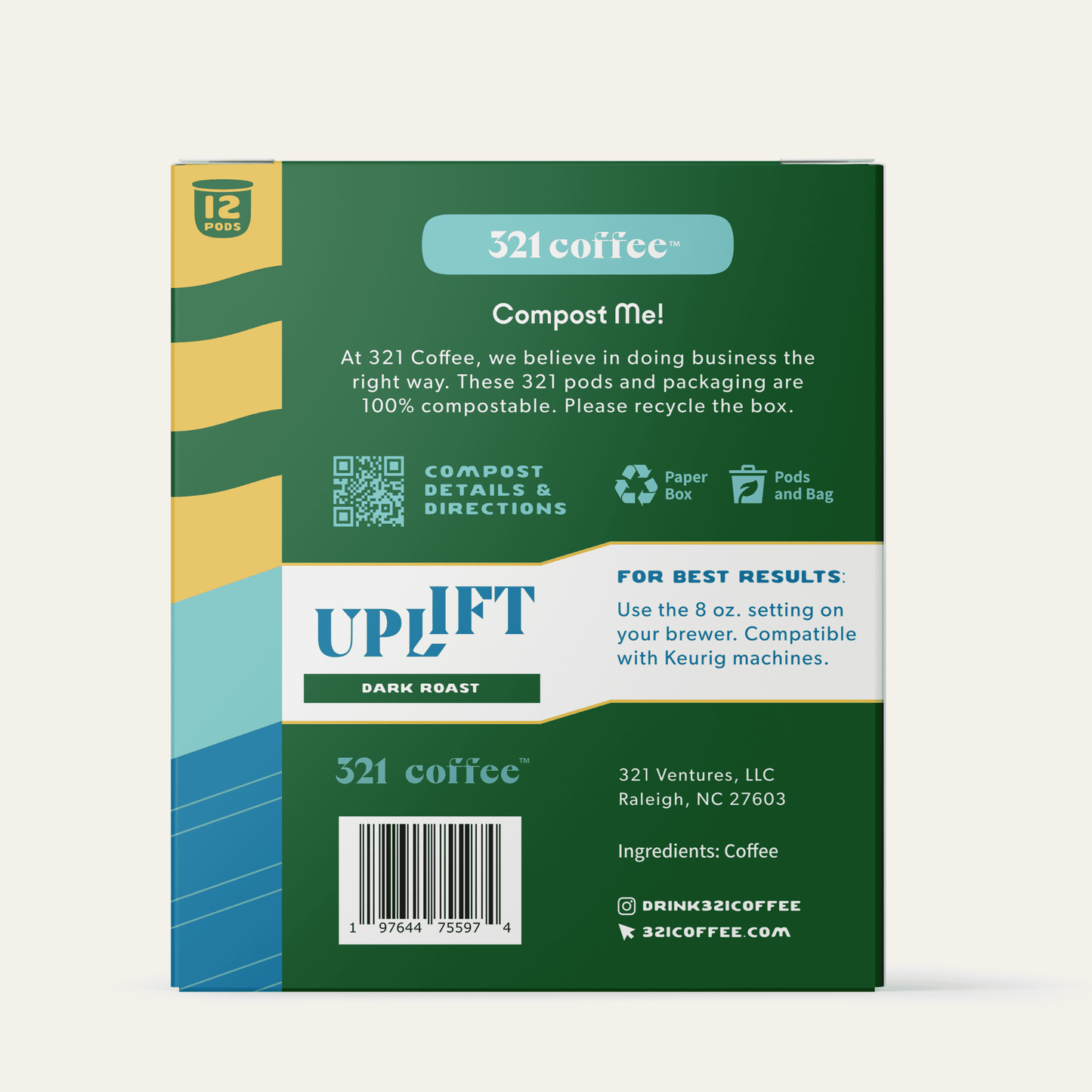 The back view of 321 Coffee's Uplift coffee pods. The back of the box contains information about the coffee pods being compostable.