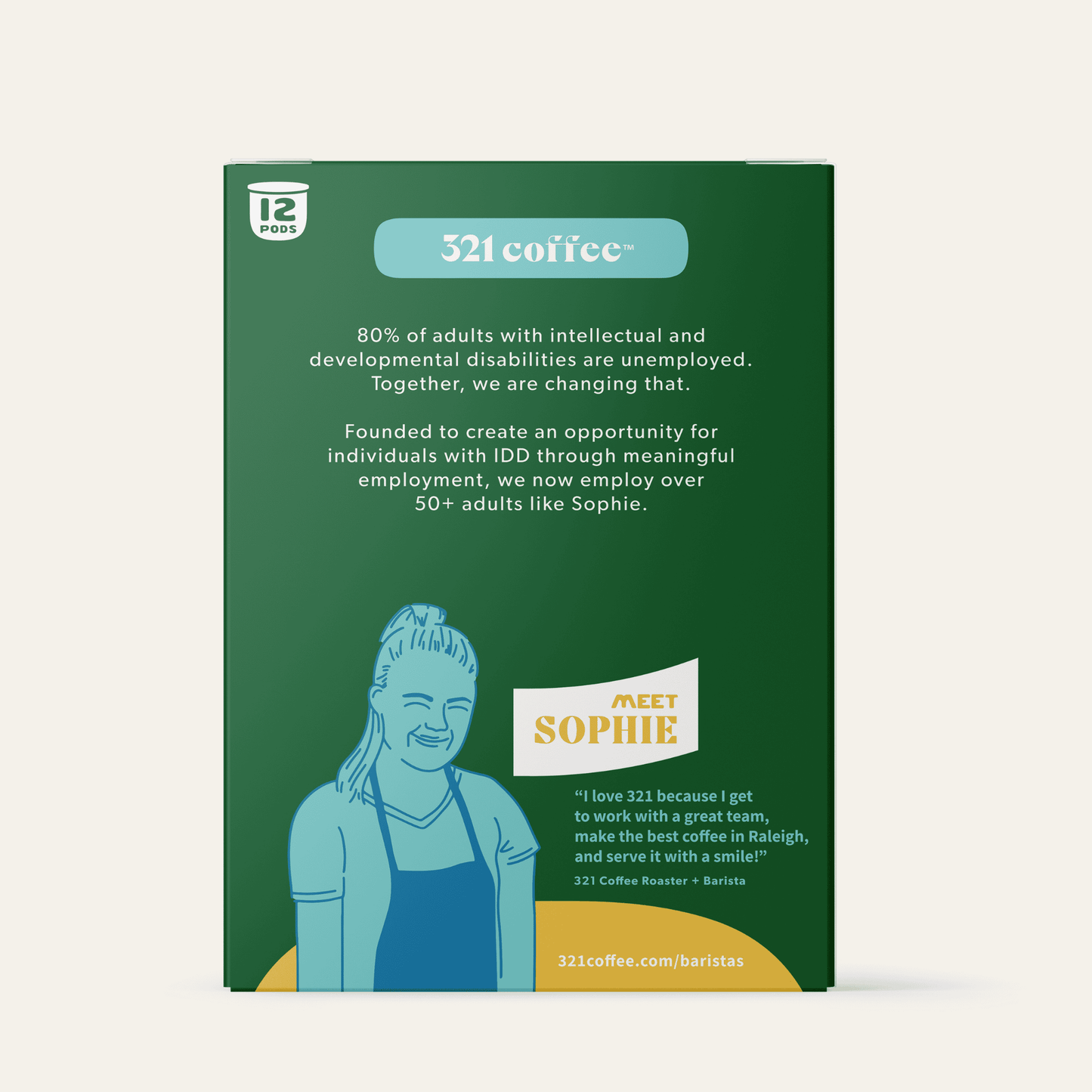 The side view of 321 Coffee's Uplift coffee pods. The side of the box contains information about 321 Coffee's roaster, Sophie.