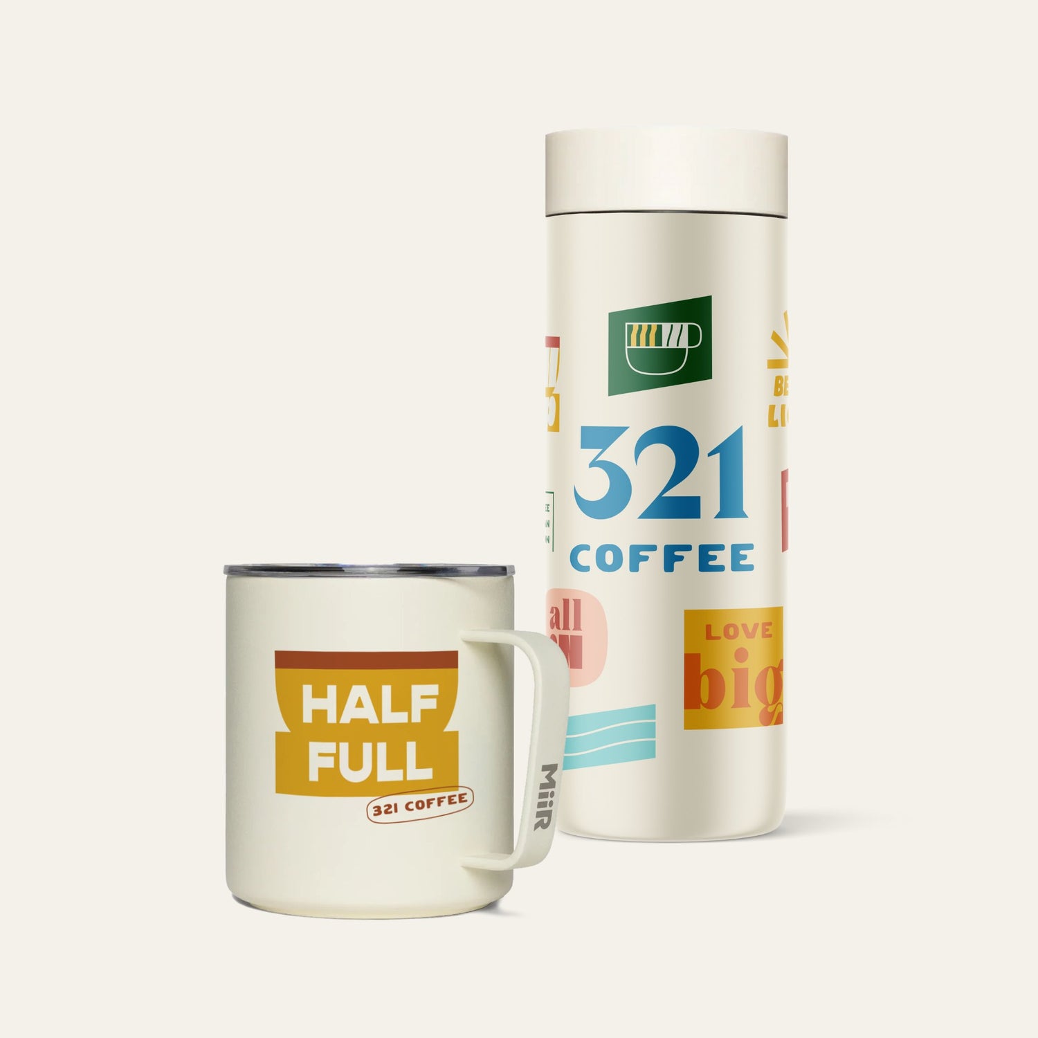 The front view of 321 Coffee's tumbler. The tumbler is beige and contains elements of 321 Coffee branding, such as sayings like "Rise Up" and "Love Big". The branding is very colorful.