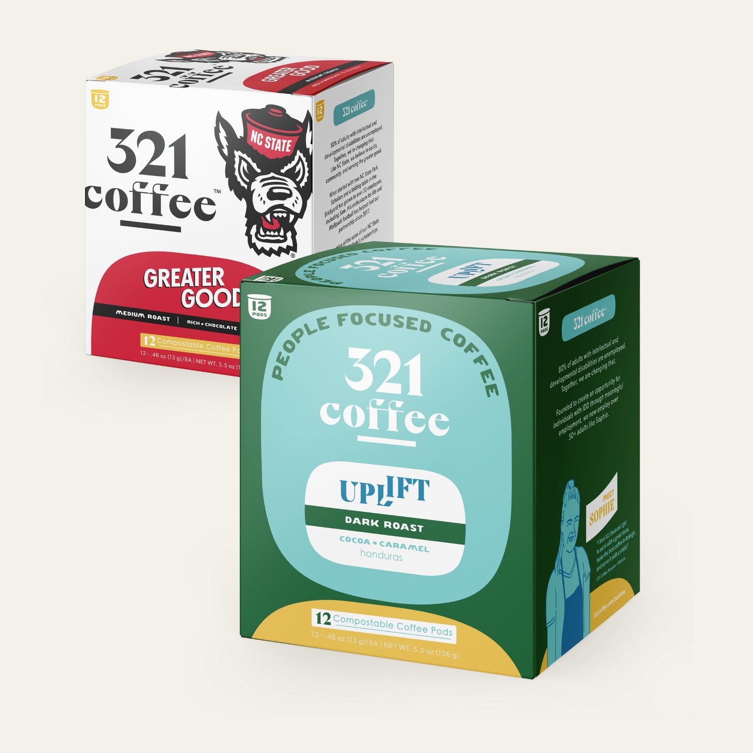 The front view of 321 Coffee's Uplift coffee pods. The back of the box contains information about the coffee.