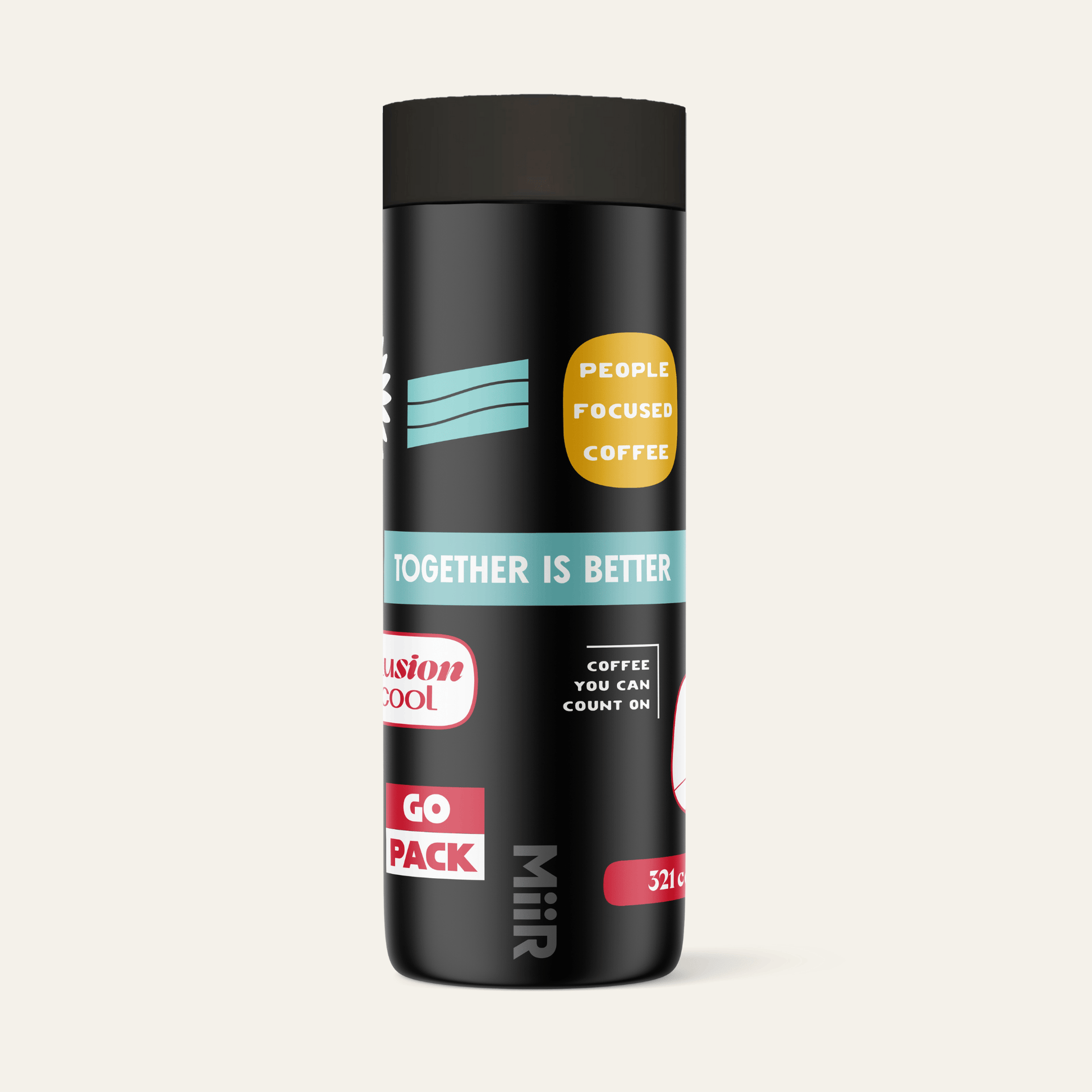 The back view of 321 Coffee's co-branded NC State tumbler. The tumbler is black and contains elements of 321 Coffee branding and NC State's branding.