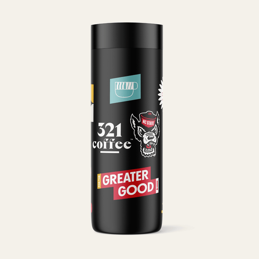 The front view of 321 Coffee's co-branded NC State tumbler. The tumbler is black and contains elements of 321 Coffee branding and NC State's branding.