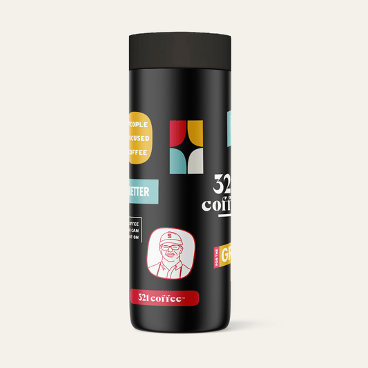 The side view of 321 Coffee's co-branded NC State tumbler. The tumbler is black and contains elements of 321 Coffee branding and NC State's branding.