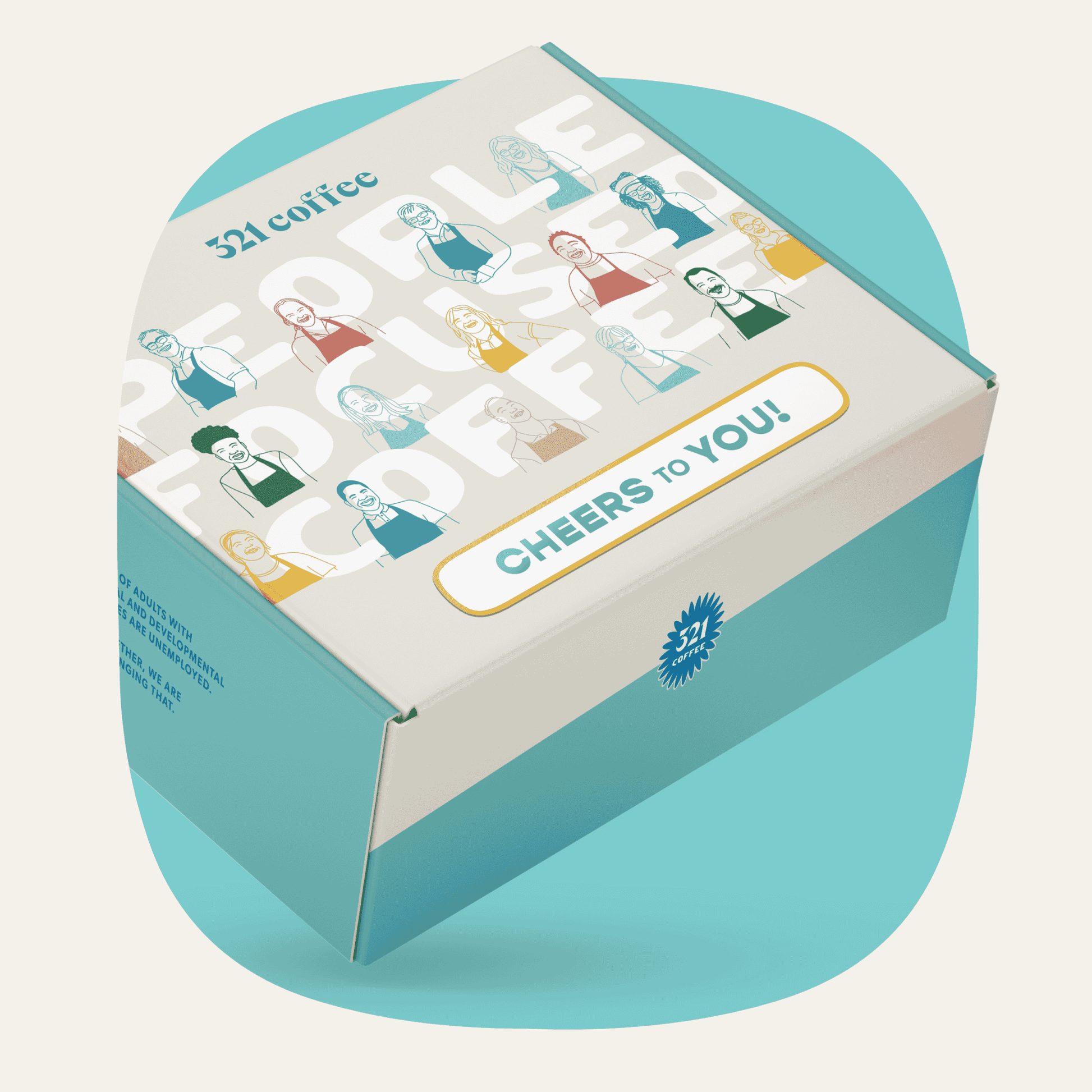 A gift box with colorful sketches of 321 Coffee baristas, "321 Coffee" written on the top, and "Cheers to You" written on the bottom of the box.