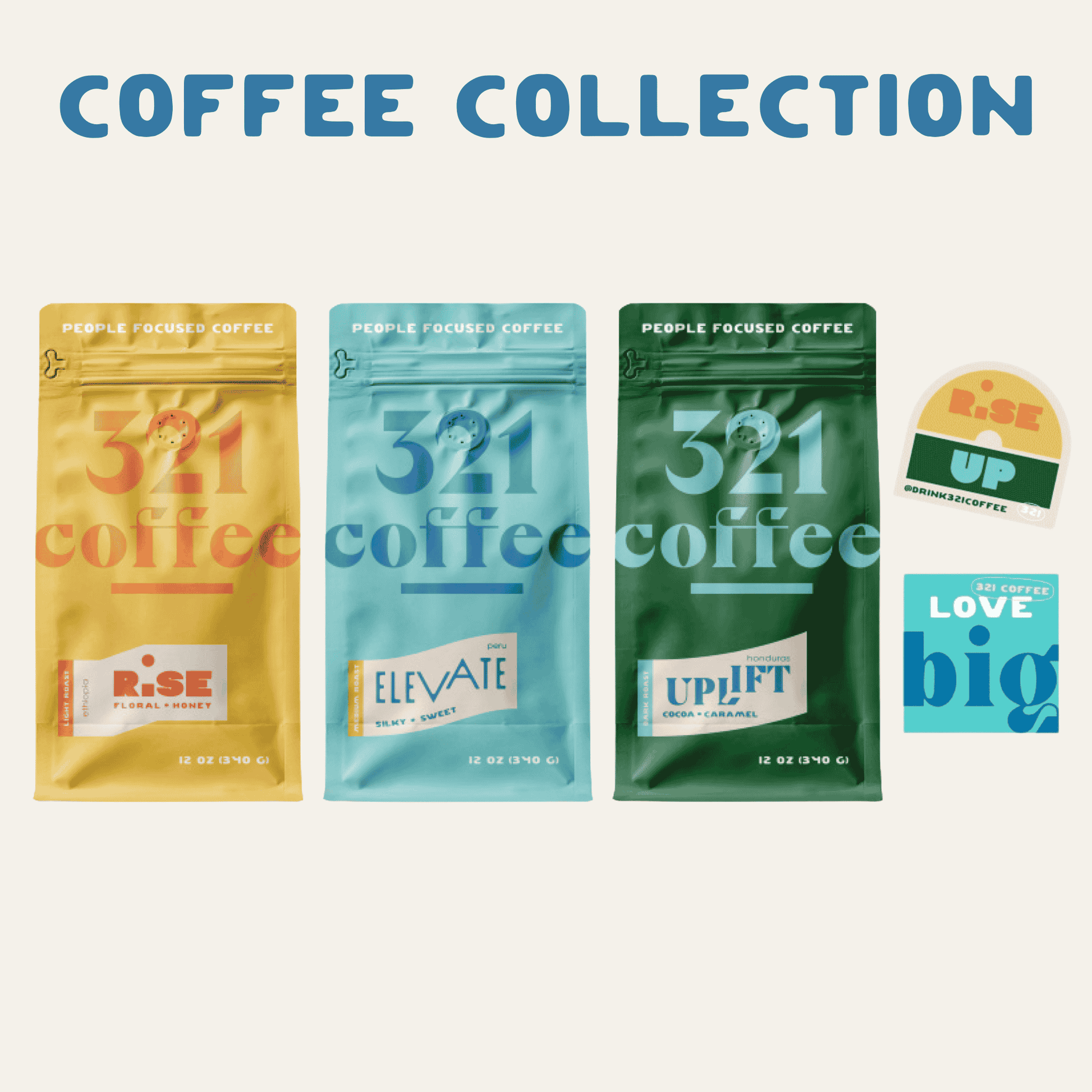 An overview of the Coffee Collection gift box showing three bags of coffee and two stickers.
