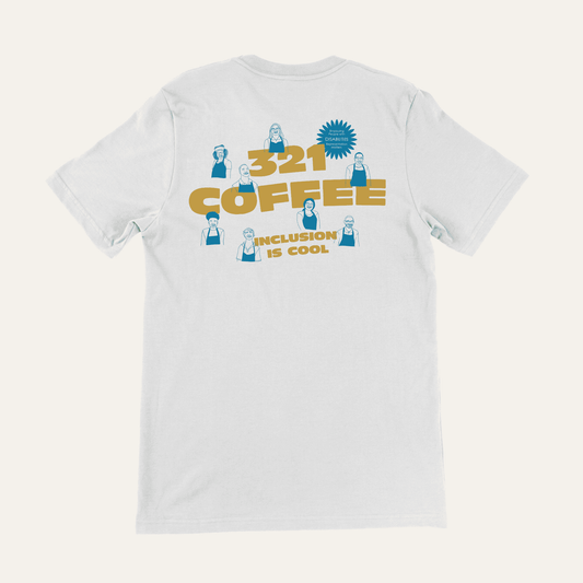White t-shirt reading "321 Coffee Inclusion is Cool" in yellow text. Blue sketches of 321 staff are scattered around the design.