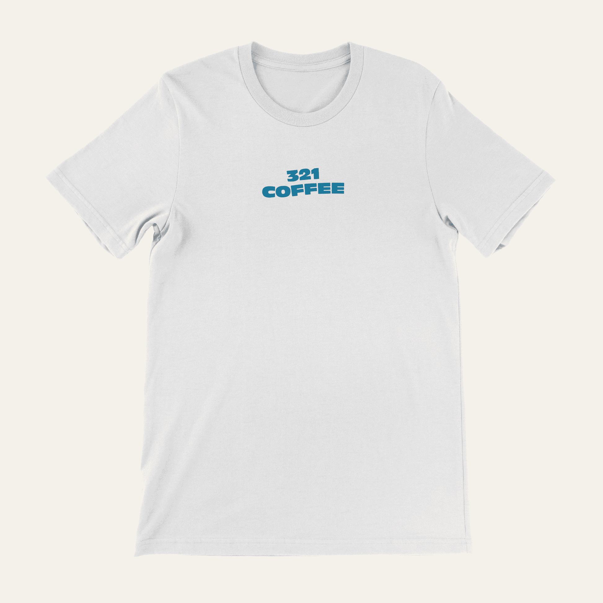 The front of a white t-shirt showing "321 "Coffee" in blue located at the top of the shirt just under the collar.