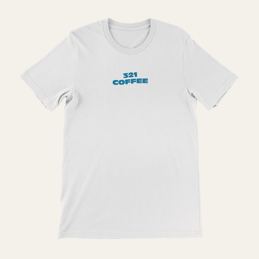 The front of a white t-shirt showing "321 "Coffee" in blue located at the top of the shirt just under the collar.