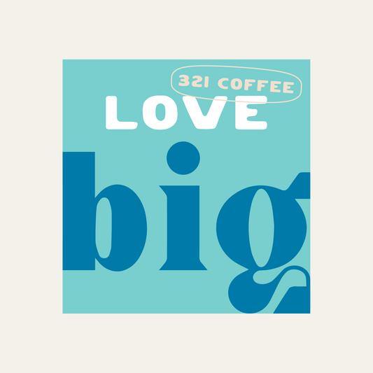 A teal background square sticker with "love big" written in white and blue text.
