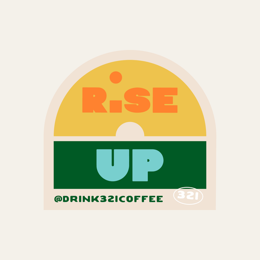 Sticker resembling a sunrise with 'Rise Up' text.