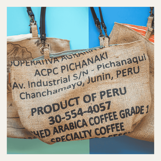 3 burlap tote bags made from coffee burlap are shown on a blue and light blue background.