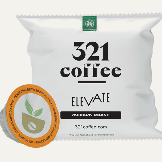 Elevate coffee pod packaging wrapper shown with a compostable coffee pod out of the wrapper. 