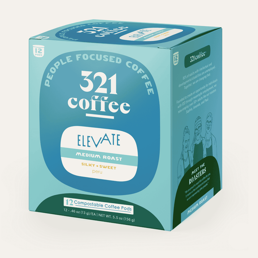 A 3D box of 321 Coffee's Elevate coffee pods. The box is blue with elements of 321 Coffee's branding.