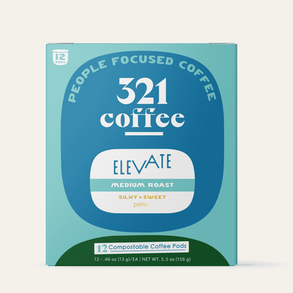 The front view of 321 Coffee's Elevate coffee pods. The front of the box contains information about the coffee.
