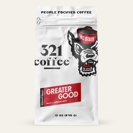 The front view of 321 Coffee x NC State Greater Good blend of coffee featuring NC State's Tuffy logo and 321 Coffee's logo.