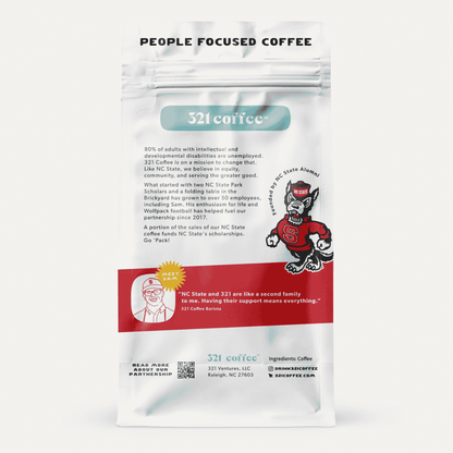 The back of 321 Coffee x NC State coffee bag. The back features a sketch of Sam, a 321 barista, and an image of Tuffy.