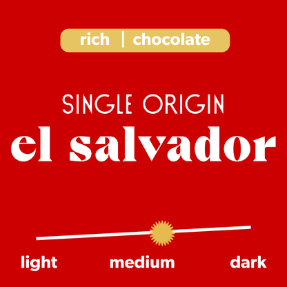 Information about Greater Good. The information shows that this is a single origin from El Salvador with tasting notes of "Rich | Chocolate" and shows the coffee being a medium roast.